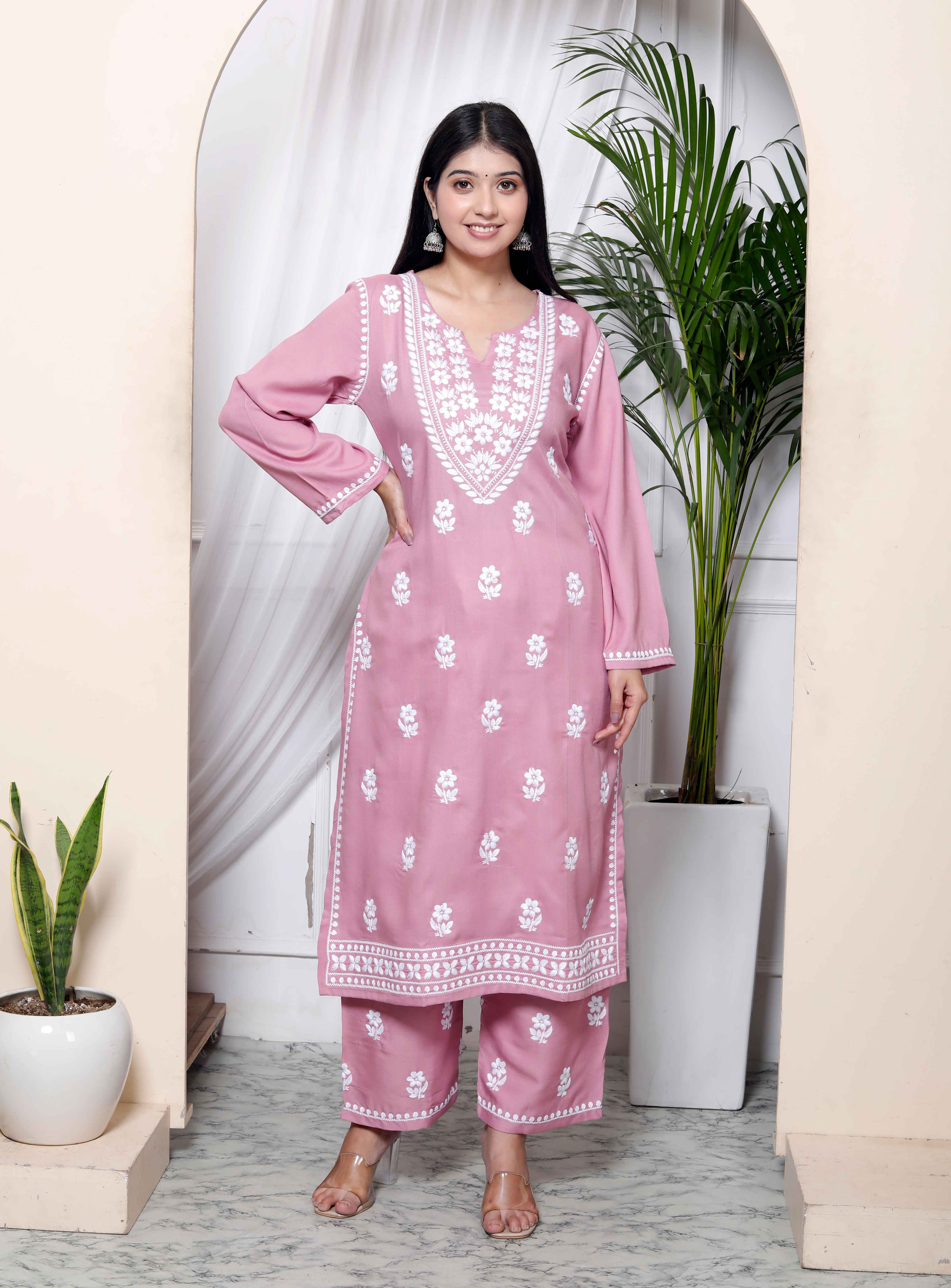 Pink Chikankari Embroidered Straight Kurta with Palazzo Set